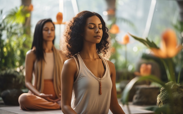 Side view people doing yoga together