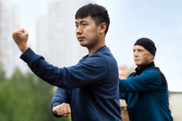 Free photo side view people practicing tai chi outdoors