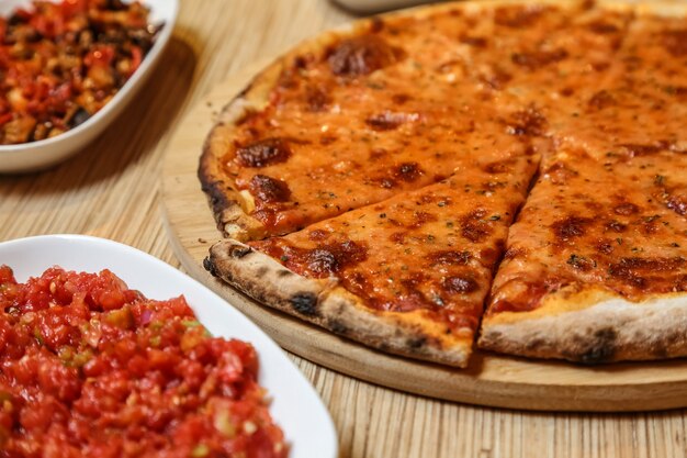 Side view pizza margarita on a tray