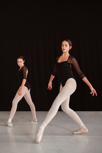 Side view of professional ballet dancers practicing together while wearing pointe shoes