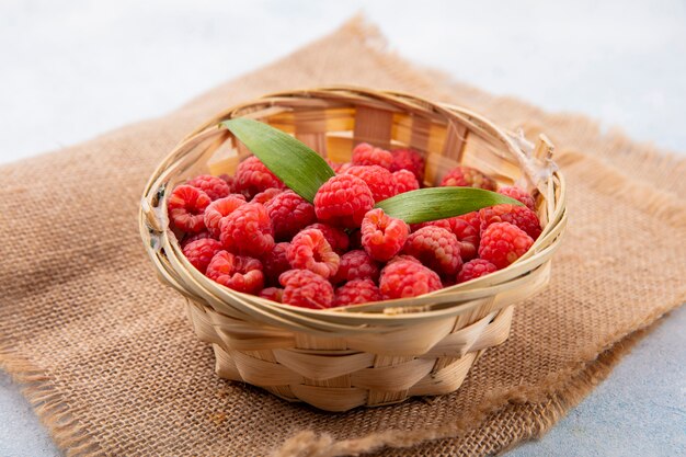 Side view of raspberries with leaves in basket on sackcloth and on white