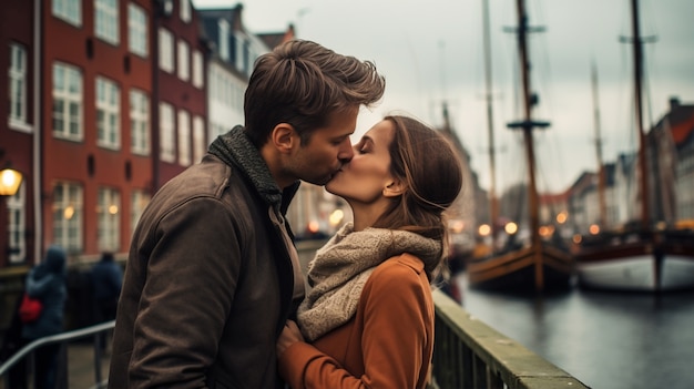 Free photo side view romantic couple kissing