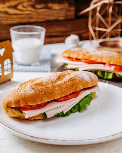 Side view of sandwich with meat and tomatoes on plate