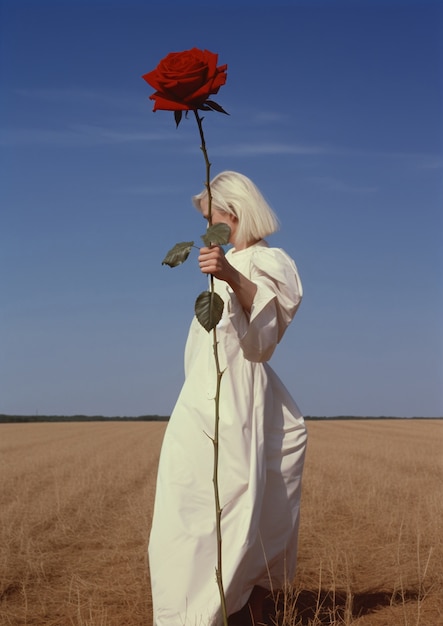 Side view senior woman posing with rose