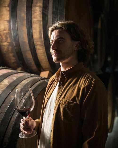 Side view smiley man in wine cellar