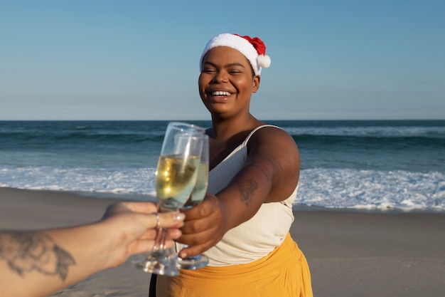 Side view smiley woman holding drink