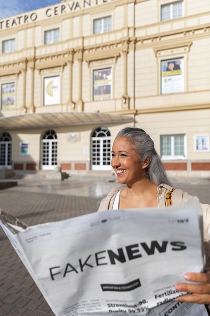 Side view smiley woman holding newspaper