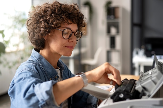 Free Photo side view smiley woman using printer