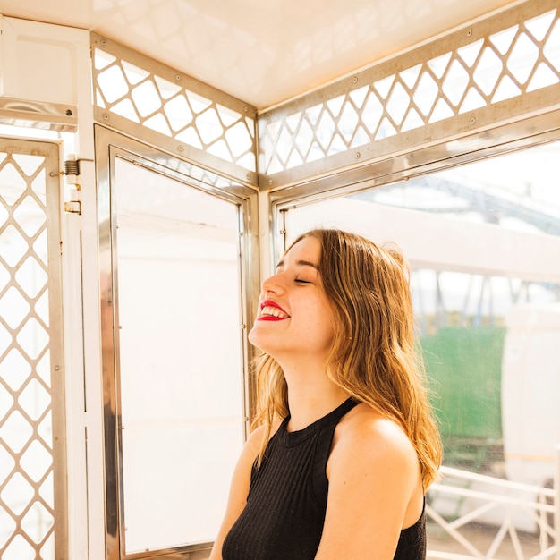 Free photo side view of smiling young woman in the ferris wheel cabin