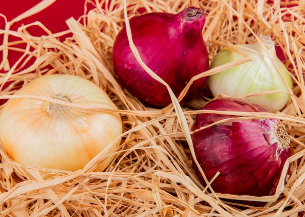 Free photo side view of sweet, red and white onions on straw and red table