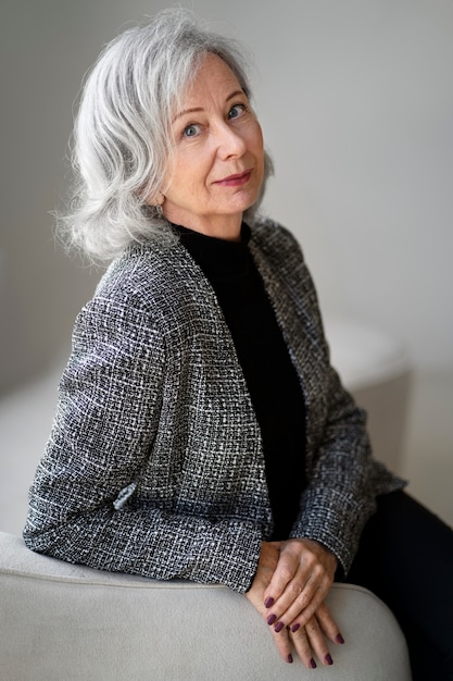 Free photo side view wise woman posing in studio