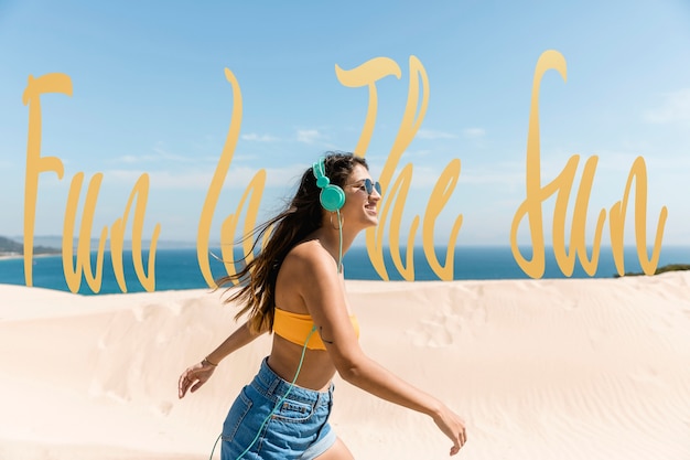 Free photo side view woman at beach with wavy texts