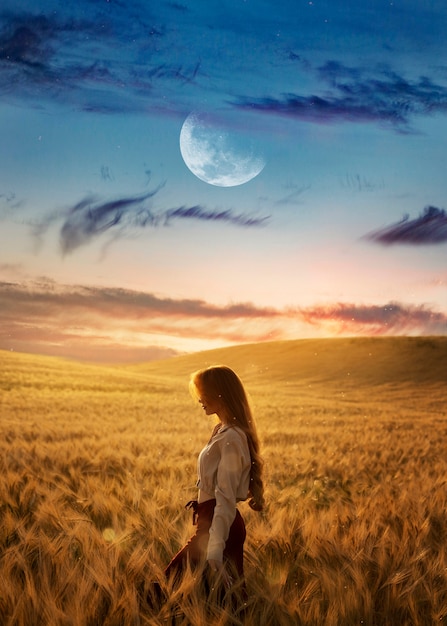 Free photo side view woman and beautiful meadow