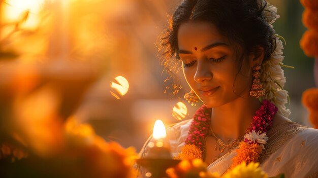 Side view woman celebrating tamil new year