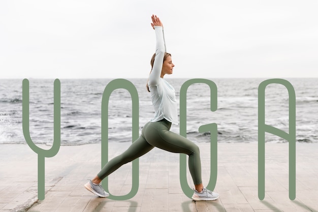 Free photo side view woman doing yoga with wavy texts