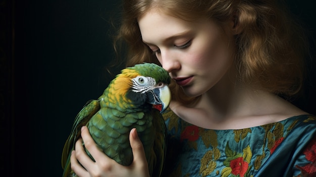 Side view woman holding parrot