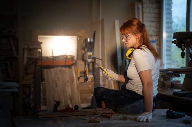 Free Photo side view woman holding smartphone