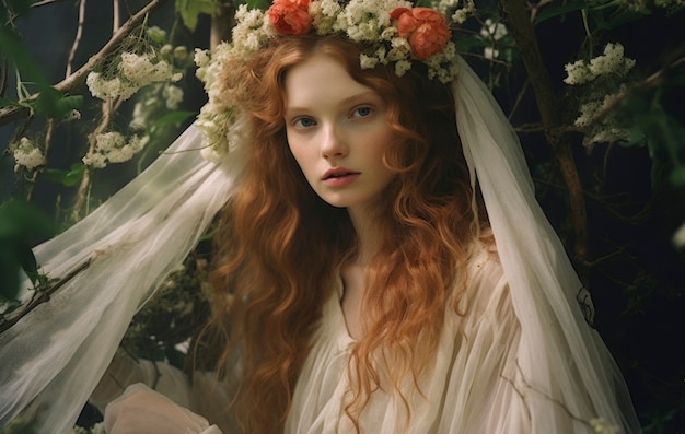 Side view woman posing with flowers