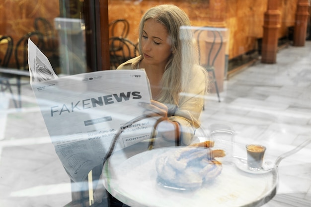 Side view woman reading the newspaper