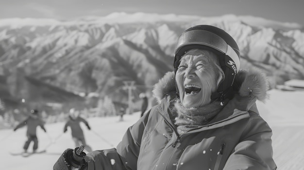 Free photo side view woman skiing monochrome