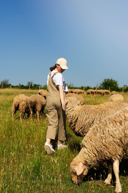 Side view woman taking care of sheep