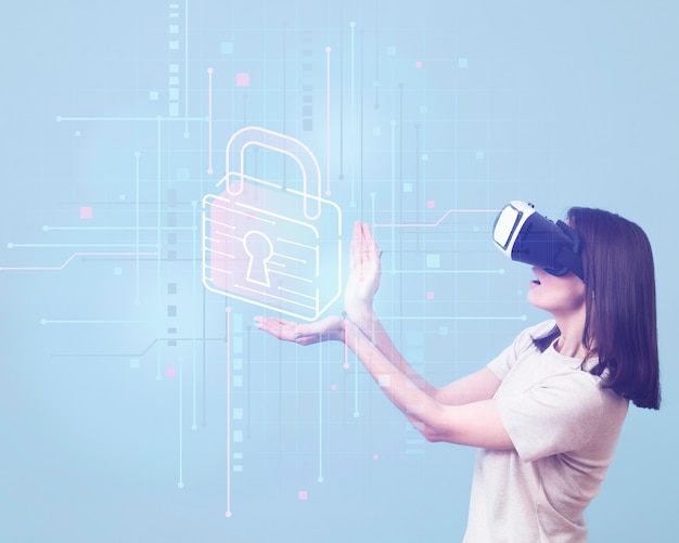 Free photo side view of woman using virtual reality headset