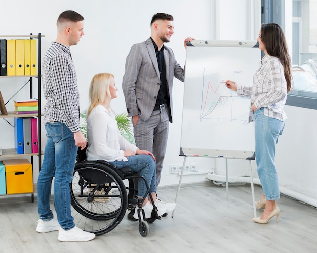 Free Photo side view of woman in wheelchair attending presentation at work