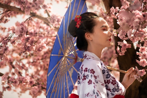 Free Photo side view woman with wagasa umbrella