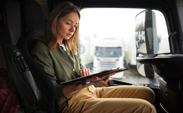 Side view woman working as a driver