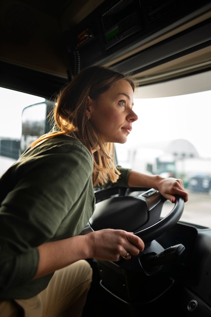 Side view woman working as a driver