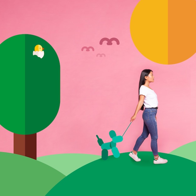 Free photo sideways woman walking an iconos dog