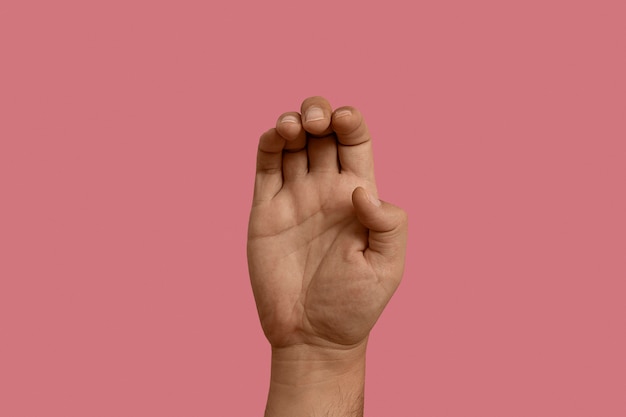 Sign language gesture isolated on pink