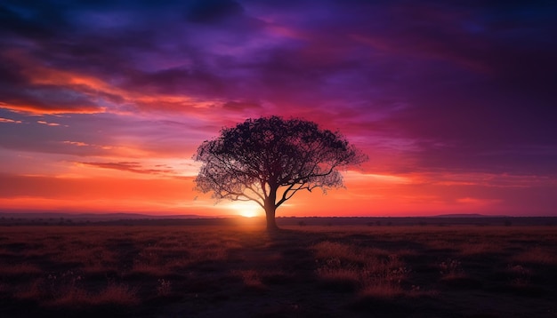 Silhouette of acacia tree in African sunset generated by AI