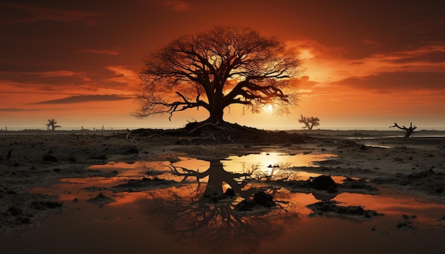 Silhouette of acacia tree at dusk reflecting beauty in nature generated by artificial intellingence