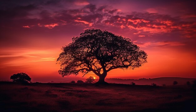 Silhouette of acacia tree on plain tranquil dawn in Africa generated by AI