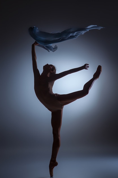 Free photo the silhouette of beautiful ballerina dancing with veil on  dark blue background