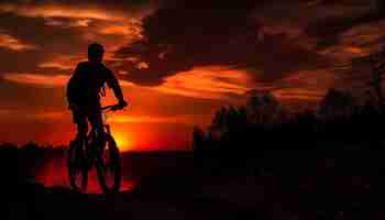 Free photo silhouette of biker cycling at sunset adventure generated by ai