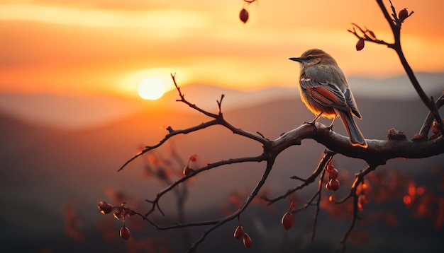 Free Photo silhouette of bird perching on branch backlit by sunset generated by artificial intelligence