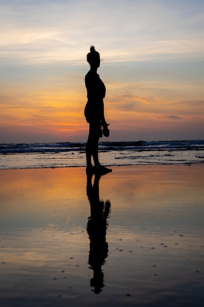 Free photo silhouette of a girl standing in the water on a beach