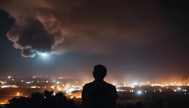 Free photo silhouette of a man in front of the city at night