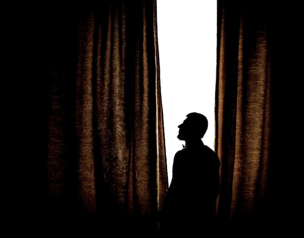 Free Photo silhouette of a man standing before a bright window