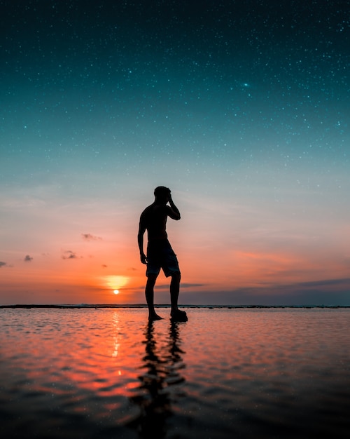 Free Photo silhouette of a man standing on the water at the beach with an amazing sunset