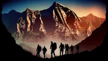 Free photo silhouette of men hiking mountain peak at sunset generative ai