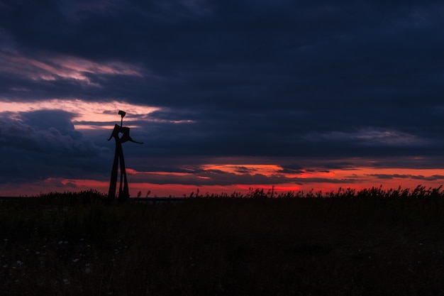 Free photo silhouette of a metal statue in a grassy field under the breathtaking cloudy sky during sunset