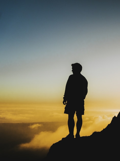 Free photo silhouette shot of a man standing on a cliff looking at the sunset