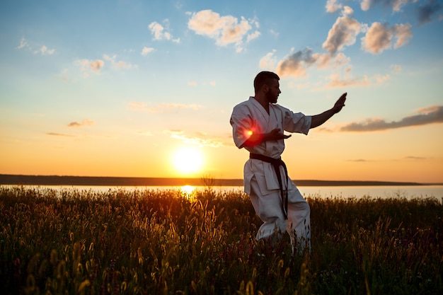 Silhouette of sportive man training karate in field at sunrise.