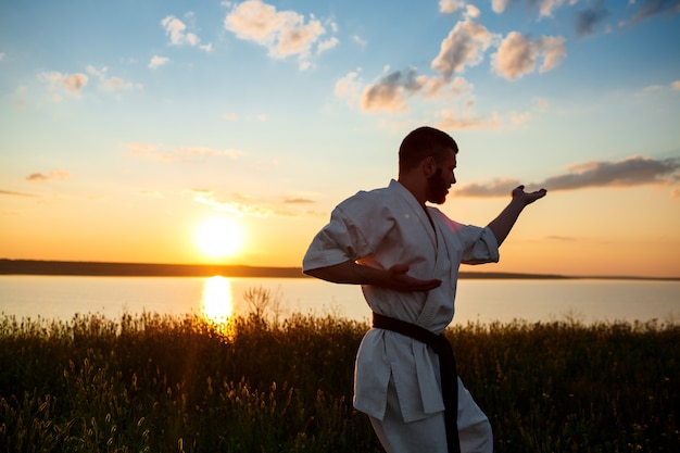 Free photo silhouette of sportive man training karate in field at sunrise.