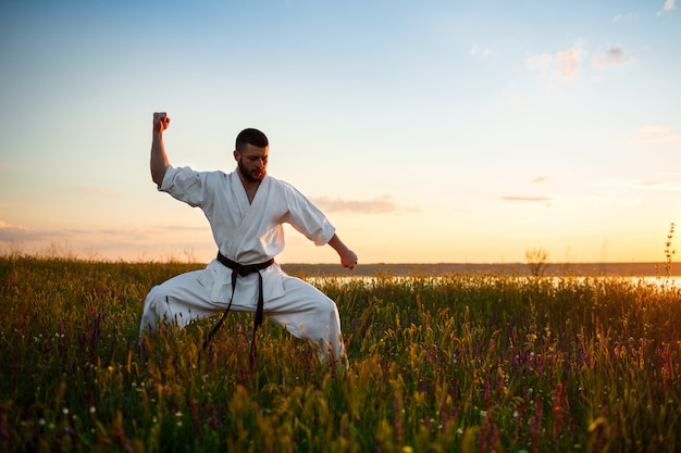 Silhouette of sportive man training karate in field at sunrise.