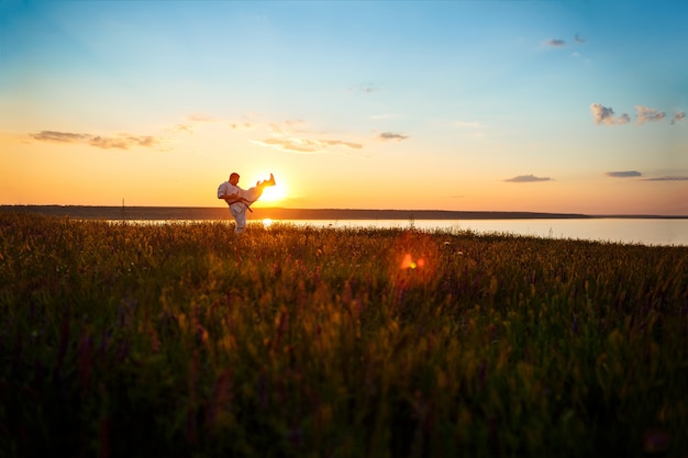 Silhouette of sportive man training karate in field at sunrise.