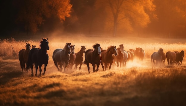 Silhouette of stallion grazing in mountain meadow generated by AI